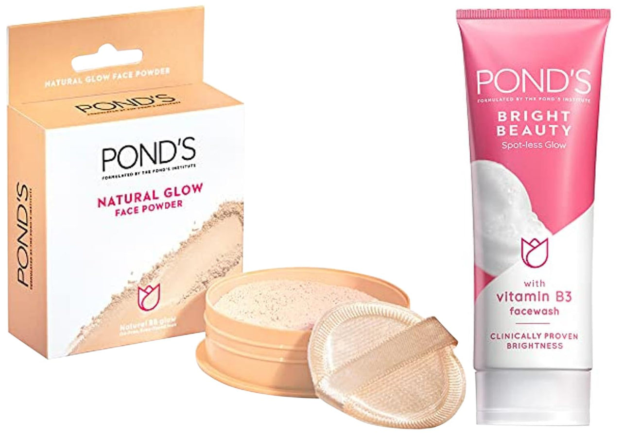 POND's Bright Beauty Spot-less Glow Face Wash With Vitamins, Removes Dead Skin Cells & Dark Spots, Double Brightness Action, All Skin Types, 100g & Pond's  Natural Glow Face Powder, BB Glow - 30G