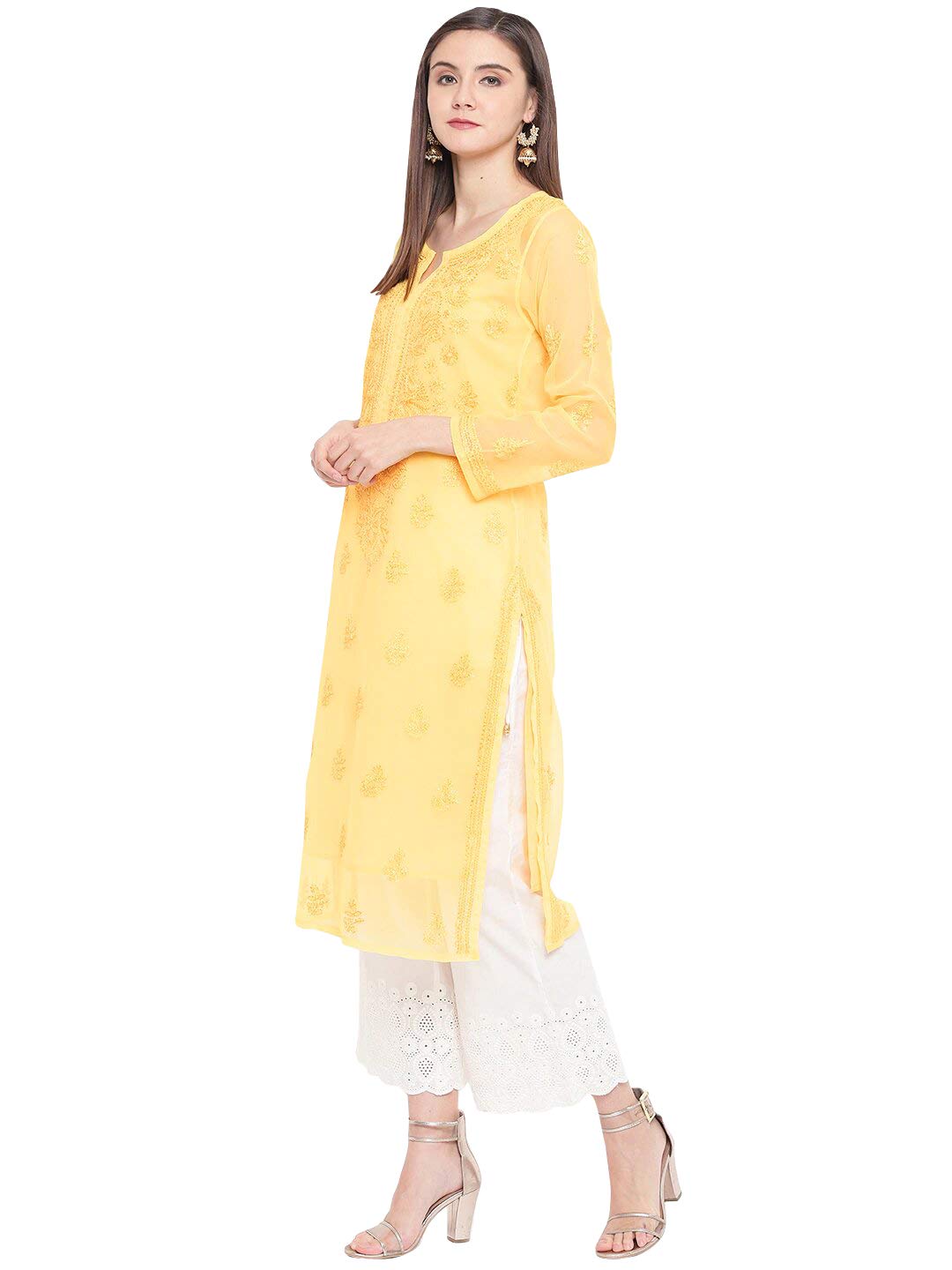 Ada Lucknowi Hand Embroidered Chikankari Women's  Georgette Kurta Kurti with Slip