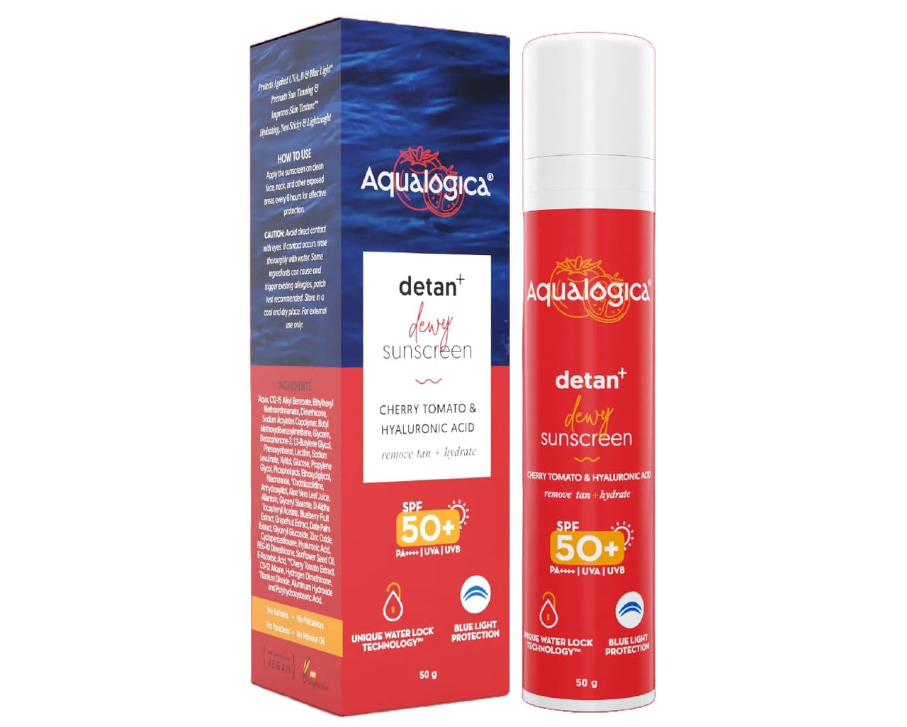 Aqualogica Detan+ Dewy Lightweight Sunscreen Gel with SPF 50+ & PA++++ | For UVA/B & Blue Light Protection | For Normal, Sensitive & Dry Skin | Tan Removal & No White Cast | For Men & Women | 50 g