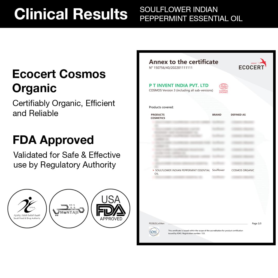 Soulflower Peppermint Essential Oil for Skin & Hair Care, Scalp, Aromatherapy |100% Pure & Natural Therapeutic Grade, Undiluted, Ecocert Cosmos Organic Certified| Mentha Piperita |15ml