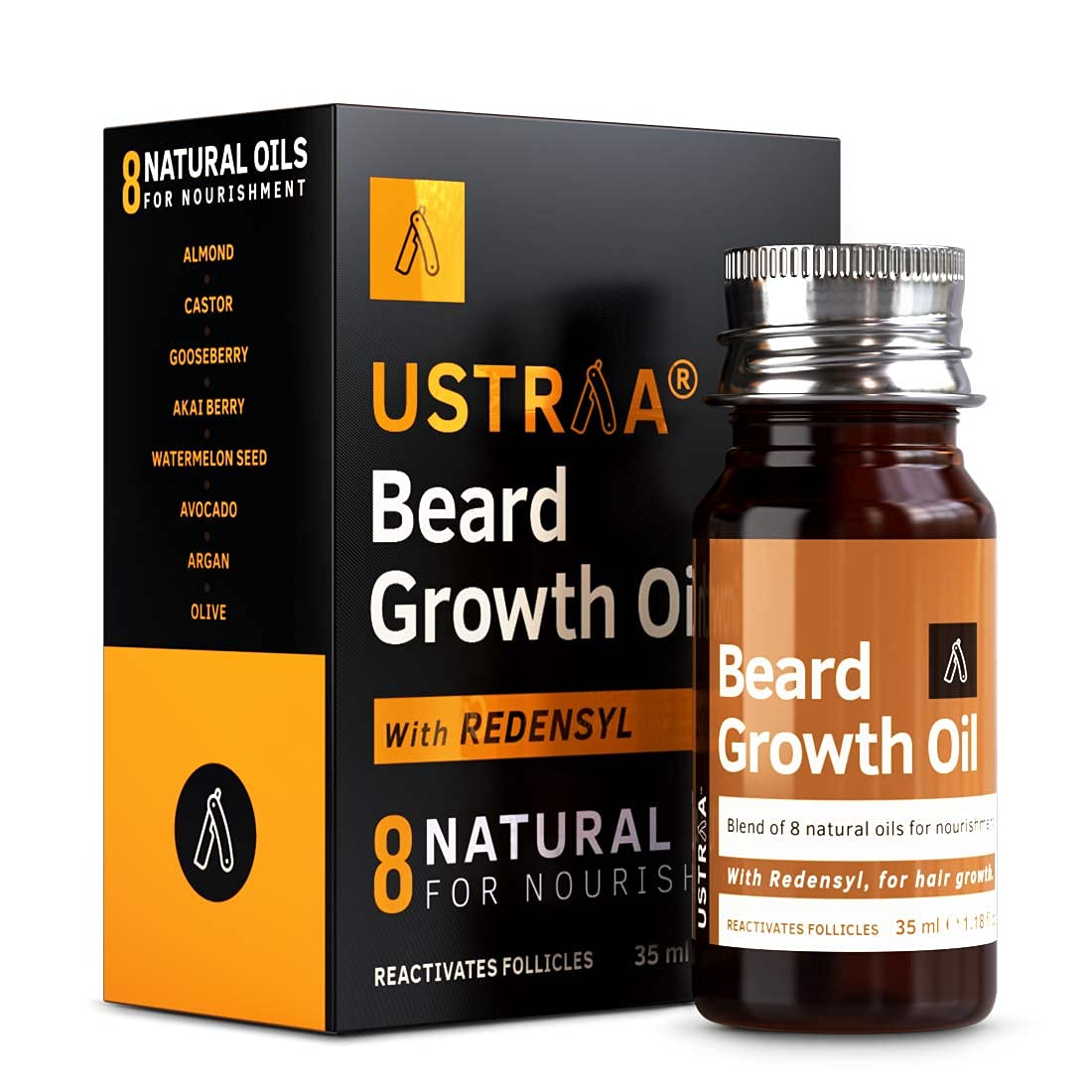 Ustraa Anti Hair Fall Shampoo - 250ml - With Apple Cider Vinegar | Daily Use Hair Conditioner - 100gm - with Water Hyssop (Brahmi) | & Beard Growth Oil - 35ml - More Beard Growth, With Redensyl