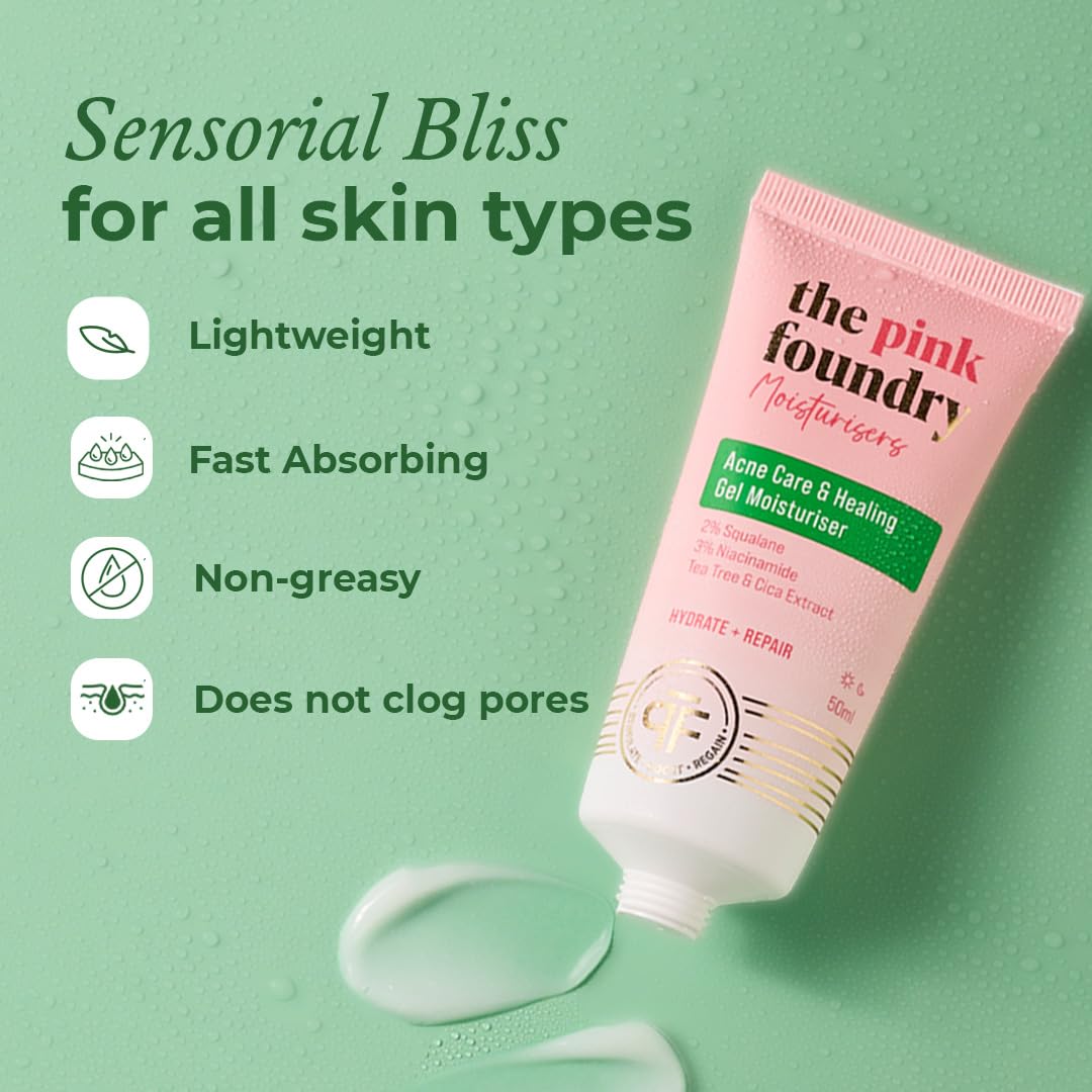 The Pink Foundry Acne Moisturiser I Treats & Prevents Breakout, Soothes Redness & Irritation I Gel Moisturiser for Normal, Sensitive, Oily, Combination Skin 50ml