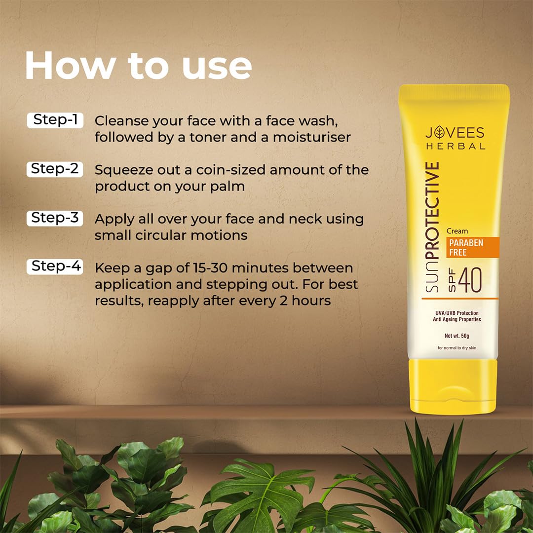 Jovees Herbal Sun Protective Sunscreen SPF 40 | Lightweight, Quick Absorbing and Oil Free - UVA/UVB Protection | Normal to Dry Skin Type | Paraben & Alcohol Free 50g