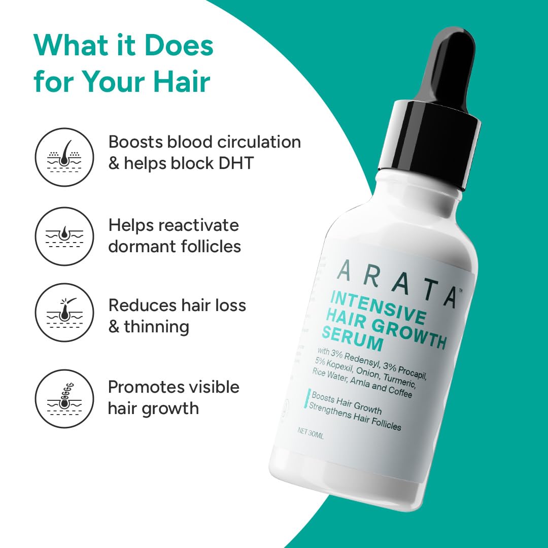 Arata Hair Growth Serum Concentrate with 3% Redensyl, 3% Procapil, 5% Kopexil, Caffeine and Rice Water | No Minoxidil Supports Hair Growth | Helps Reduce Hairfall | Serum For Women and Men | 30 ML