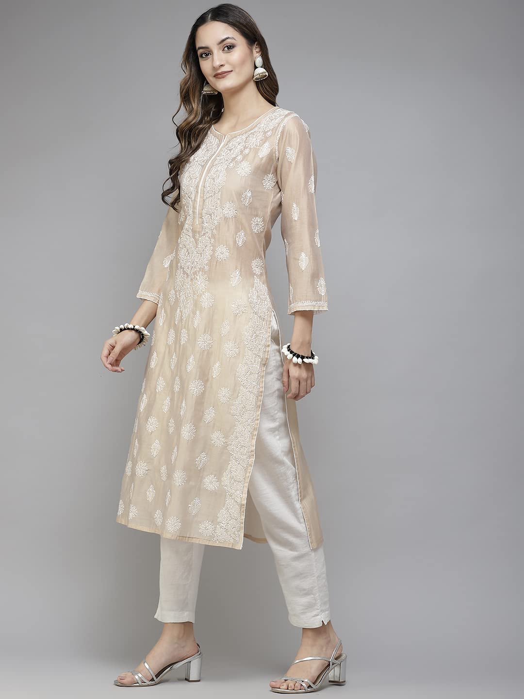 Ada Hand Embroidered New Lucknowi Chikankari Chanderi Kurta Kurti for Women A411175