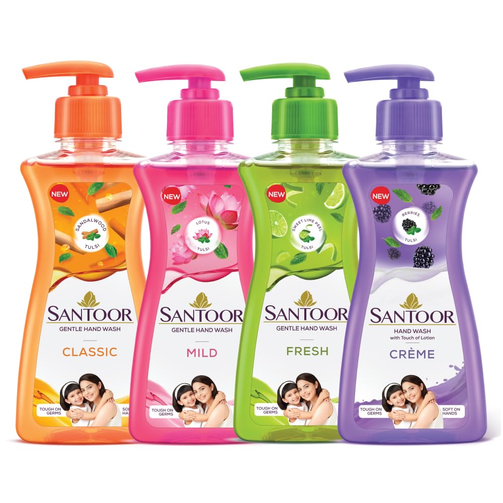 Santoor Mild Gentle Hand Wash 200ml, Pack of 4 with Goodness of Lotus & Tulsi| Rich Lathering Formula with Anti-Bacterial Properties| Soft on Hands| Soothes & Hydrates Skin