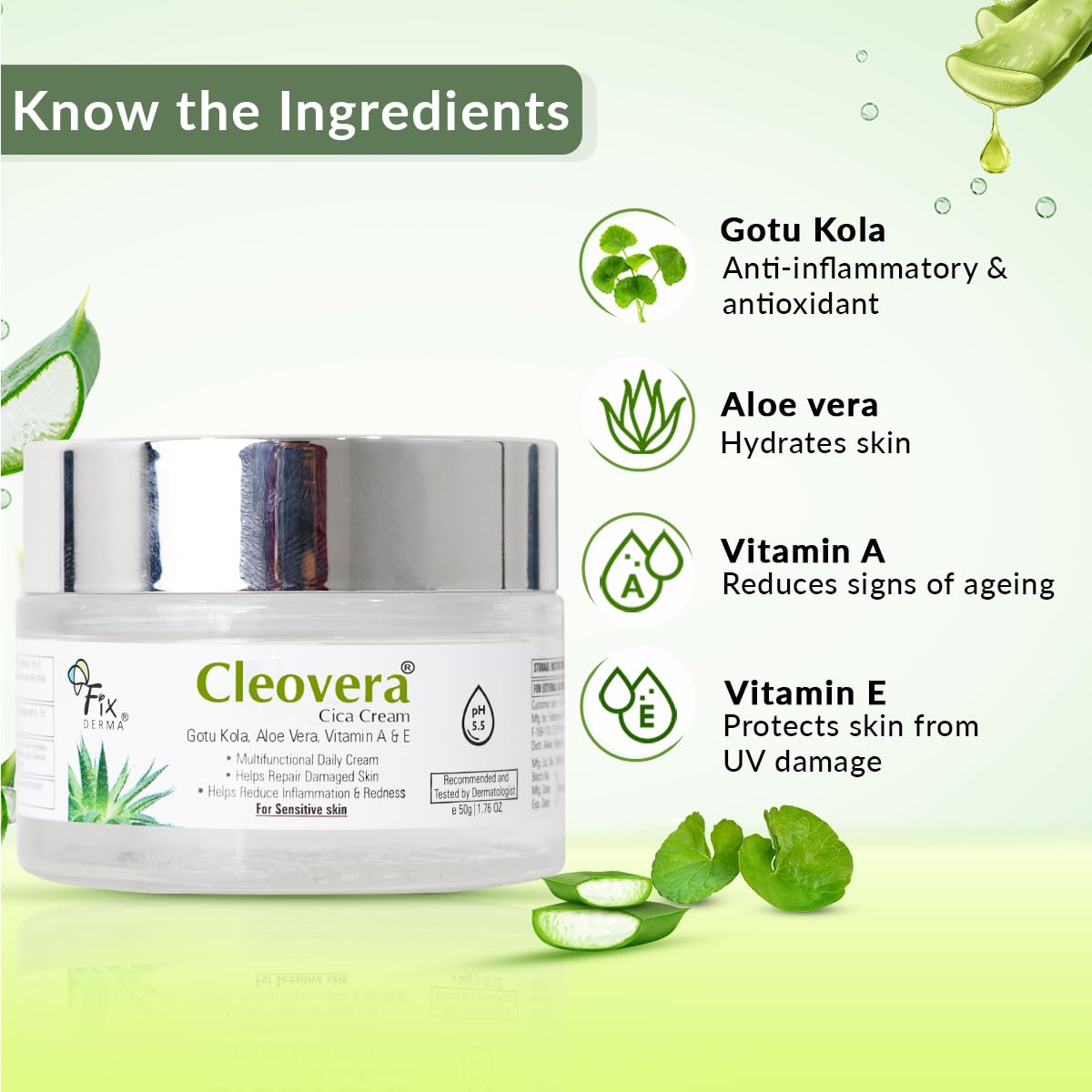 Fixderma Cleovera Cica Cream for Face with Gotu Kola, Aloevera, Vitamin A & E | Damage Skin Repair Face Cream | Suitable for Sensitive, Dry & Damaged Skin - 50g