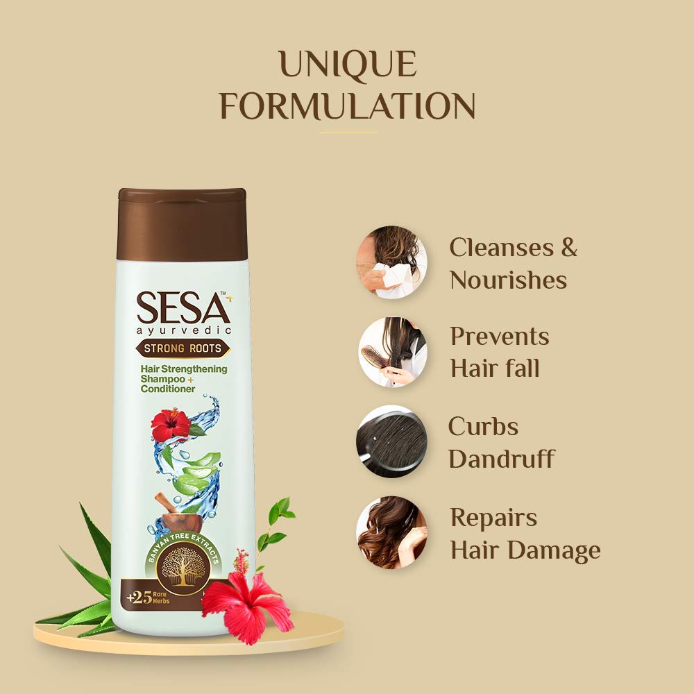SESA Ayurvedic Strong Roots Hair Care Combo With Hair Strengthening Oil (100Ml) And Shampoo + Conditioner (200Ml) For Men & Women | Paraben-Free