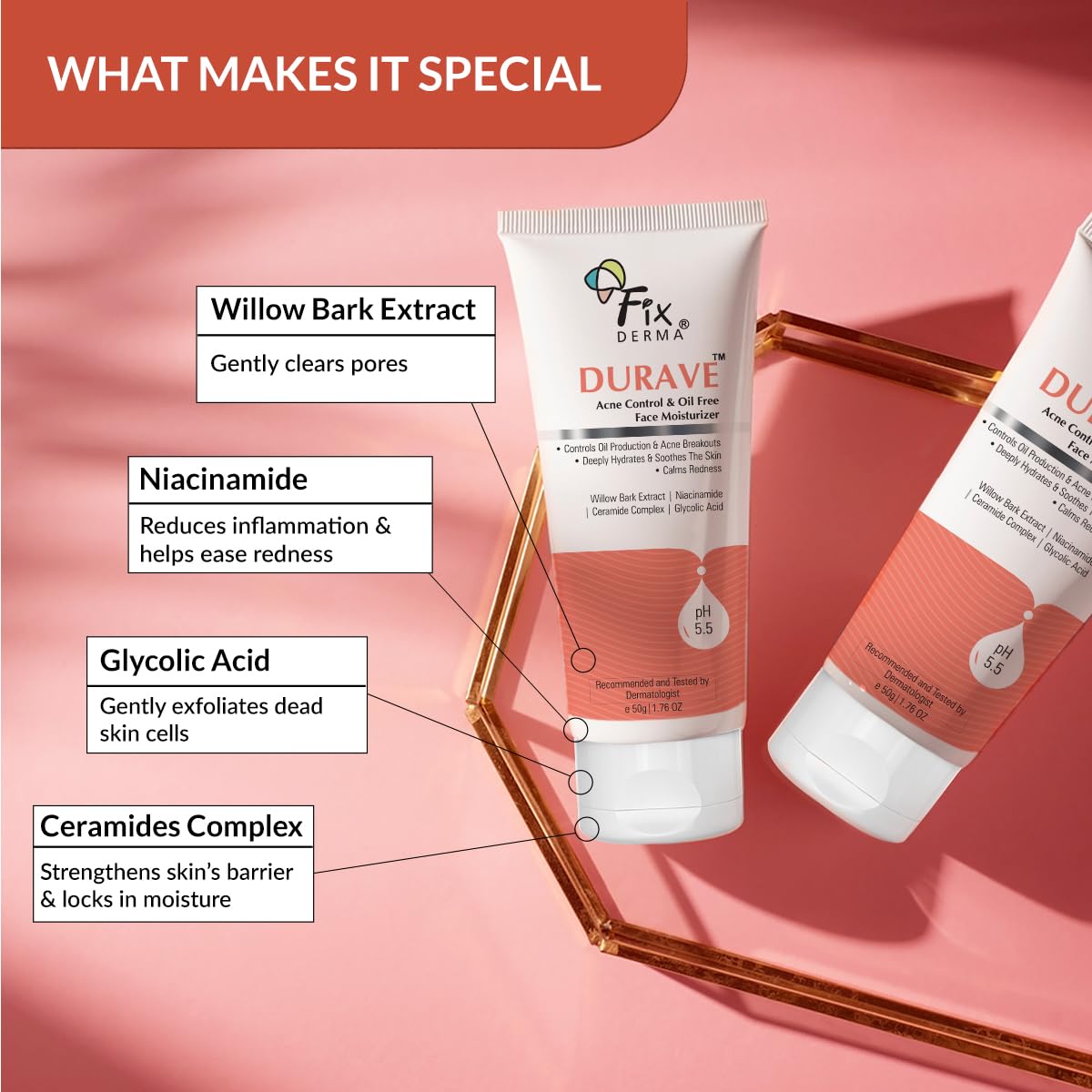 Fixderma Durave Acne Control & Oil Free Moisturizer for Face with Glycolic Acid | Niacinamide Moisturizer | Moisturizer for Oily Skin | Face Moisturizer for Women & Men - 50gm