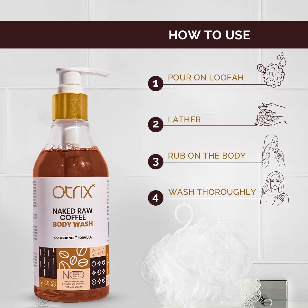 Otrix Naked Raw Coffee Body Wash with Catechins, Exfoliating and Nourishing Formula with Natural Oils, For Men and Women, 290ml