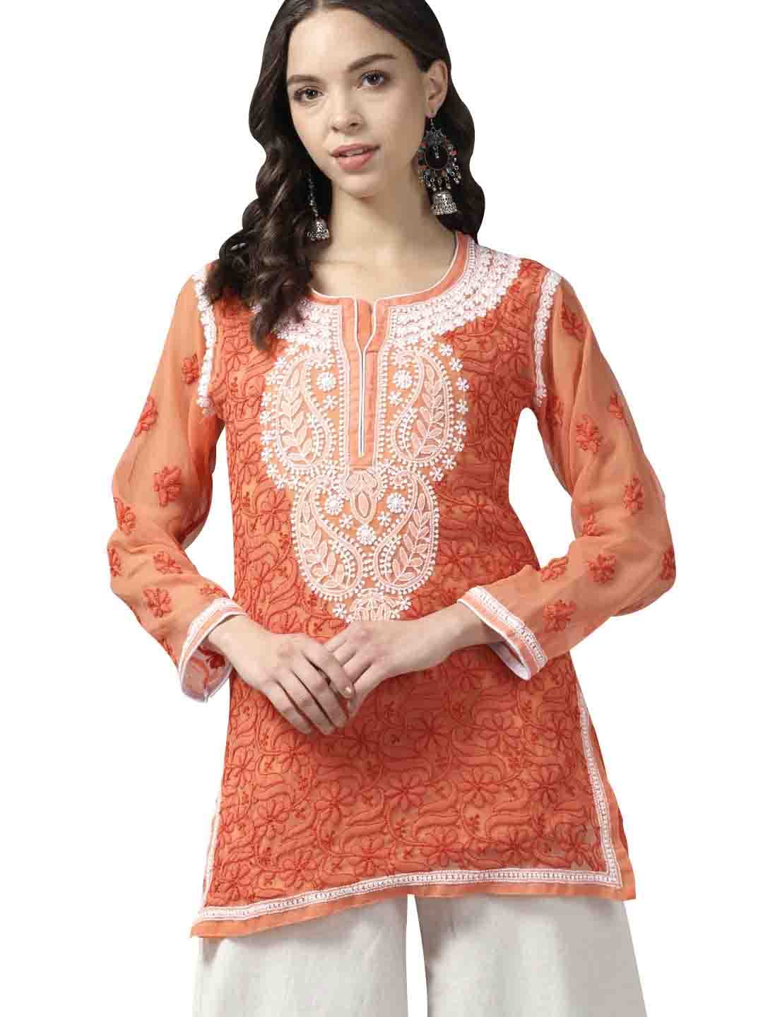 Ada Women's  Hand Embroidered Lucknowi Chikankari Georgette Short Top Kurti with Slip