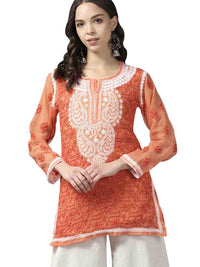 Ada Women's  Hand Embroidered Lucknowi Chikankari Georgette Short Top Kurti with Slip