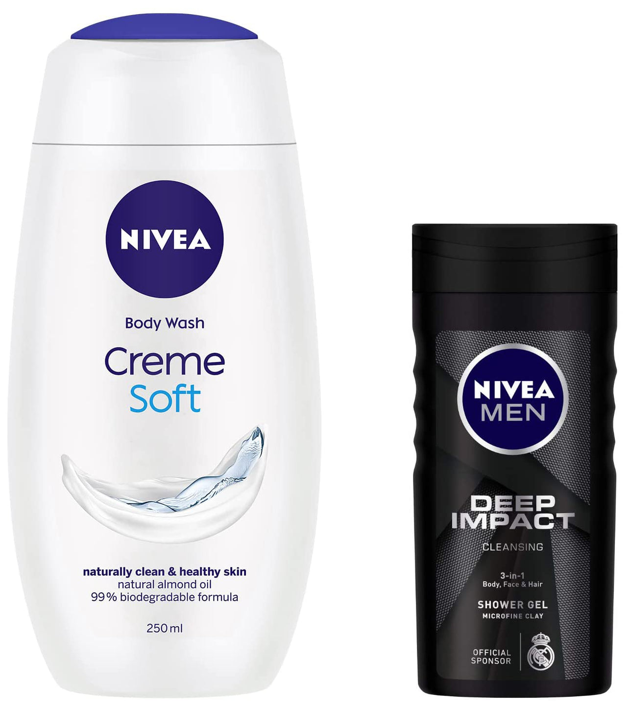 NIVEA Women Body Wash, Crème Soft Shower Gel, with Almond Oil for Soft Skin, 250 ml & NIVEA Men Body Wash, Deep Impact, 3 in 1 Shower Gel for Body, Face & Hair, with Microfine Clay, 250 ml