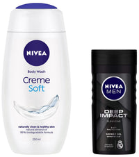 NIVEA Women Body Wash, Crème Soft Shower Gel, with Almond Oil for Soft Skin, 250 ml & NIVEA Men Body Wash, Deep Impact, 3 in 1 Shower Gel for Body, Face & Hair, with Microfine Clay, 250 ml