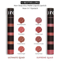Kiro Four Play Non-Stop Airy Matte Liquid Lip Stack – Ultimate Quad, 6ml | 4 Nude Lipstick Shades | Long-lasting, Transfer-proof, Hydrating, Lightweight | Infused with Avocado & Apricot Oils
