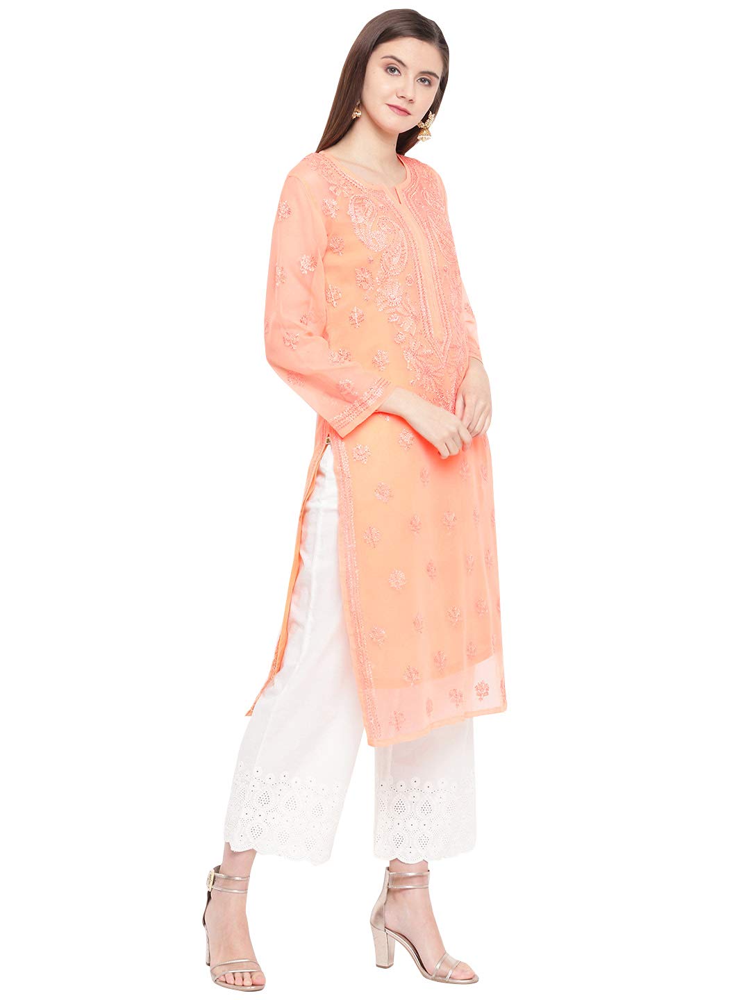 Ada Lucknowi Hand Embroidered Chikankari Women's  Georgette Kurta Kurti with Slip