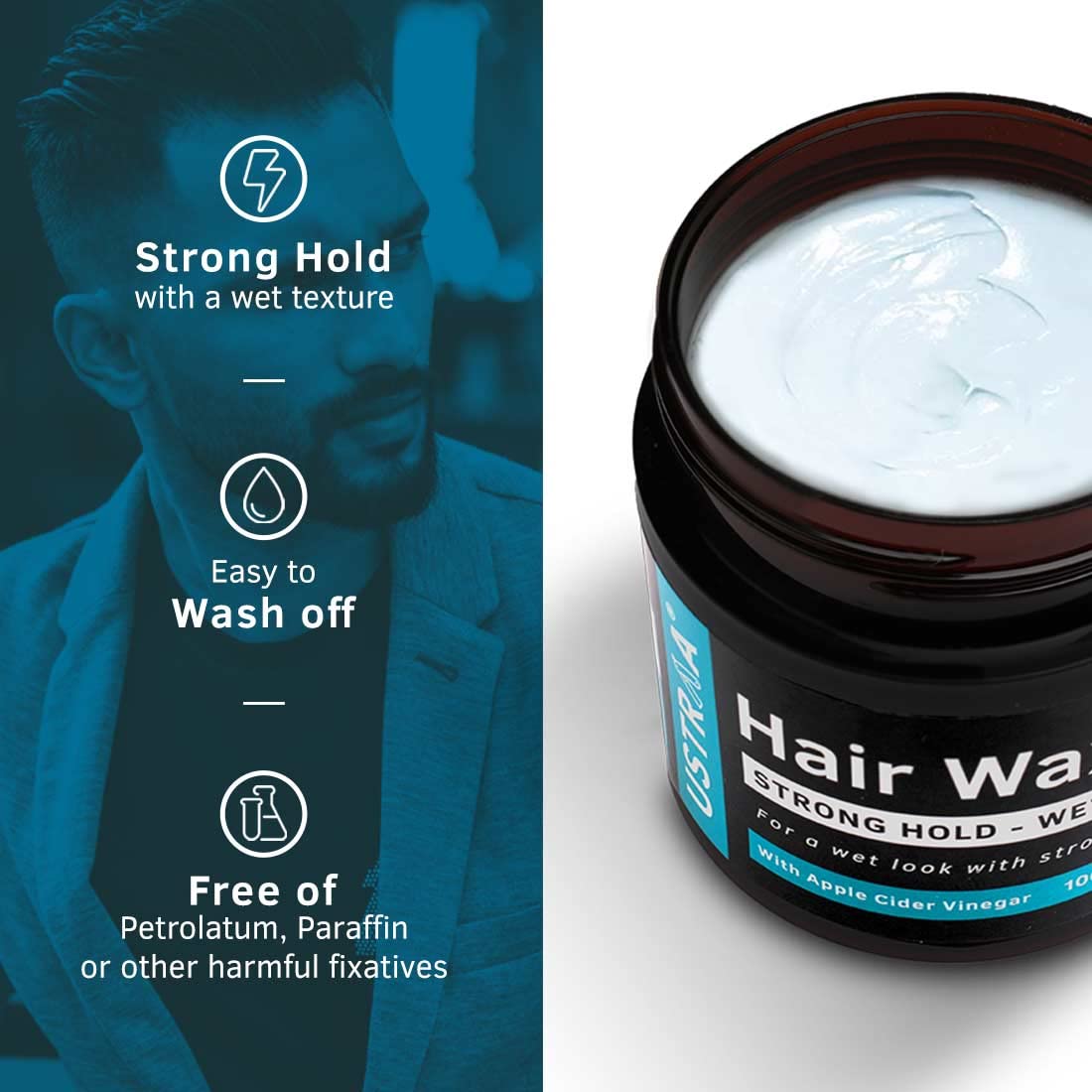 Ustraa Strong Hold Hair Wax For Men- Wet Look - 100g - Non-greasy wax, Easy-to-Wash, Strong Hold, Glossy & Shiny Finish, Wet Italian-look without harmful chemicals