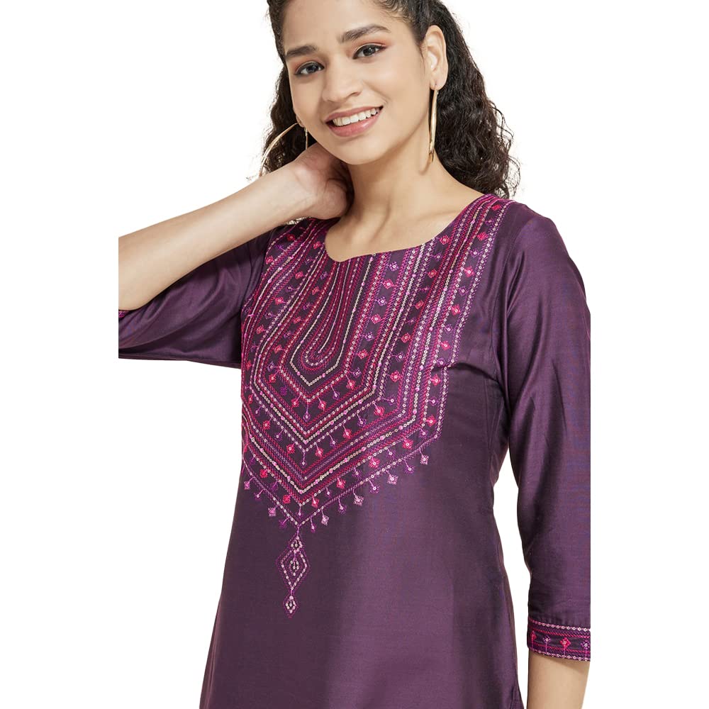 Kashish Women's  Viscose Embroidered Round Neck Straight Fit Kurta