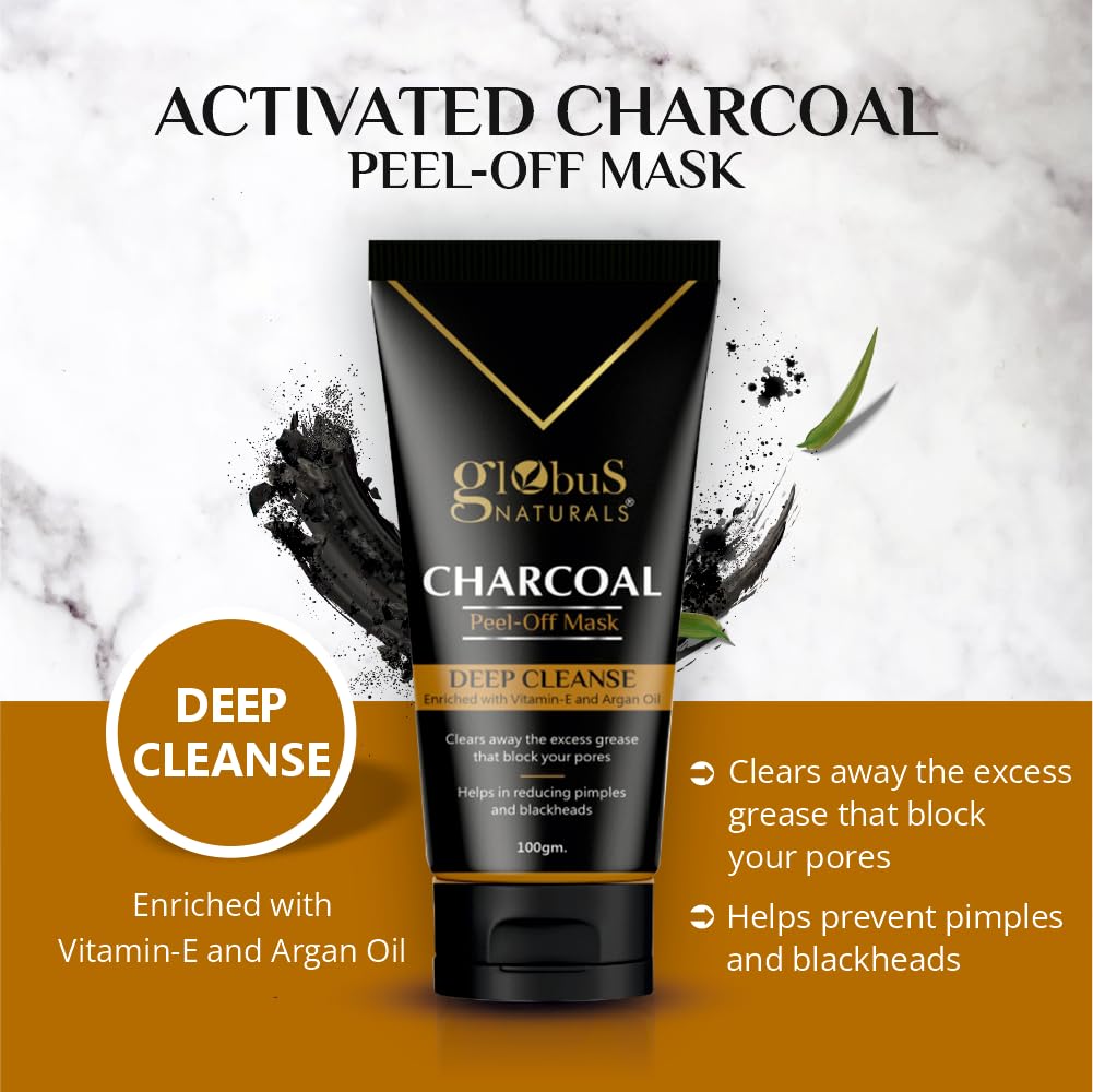 Globus Naturals Anti Pollution & Anti Acne Charcoal Peel Off Mask, Detoxifying Face mask, Fights Pollution and De-Tans skin, For Women & Men with Oily & Acne Prone Skin, 100 gms, Pack Of 5
