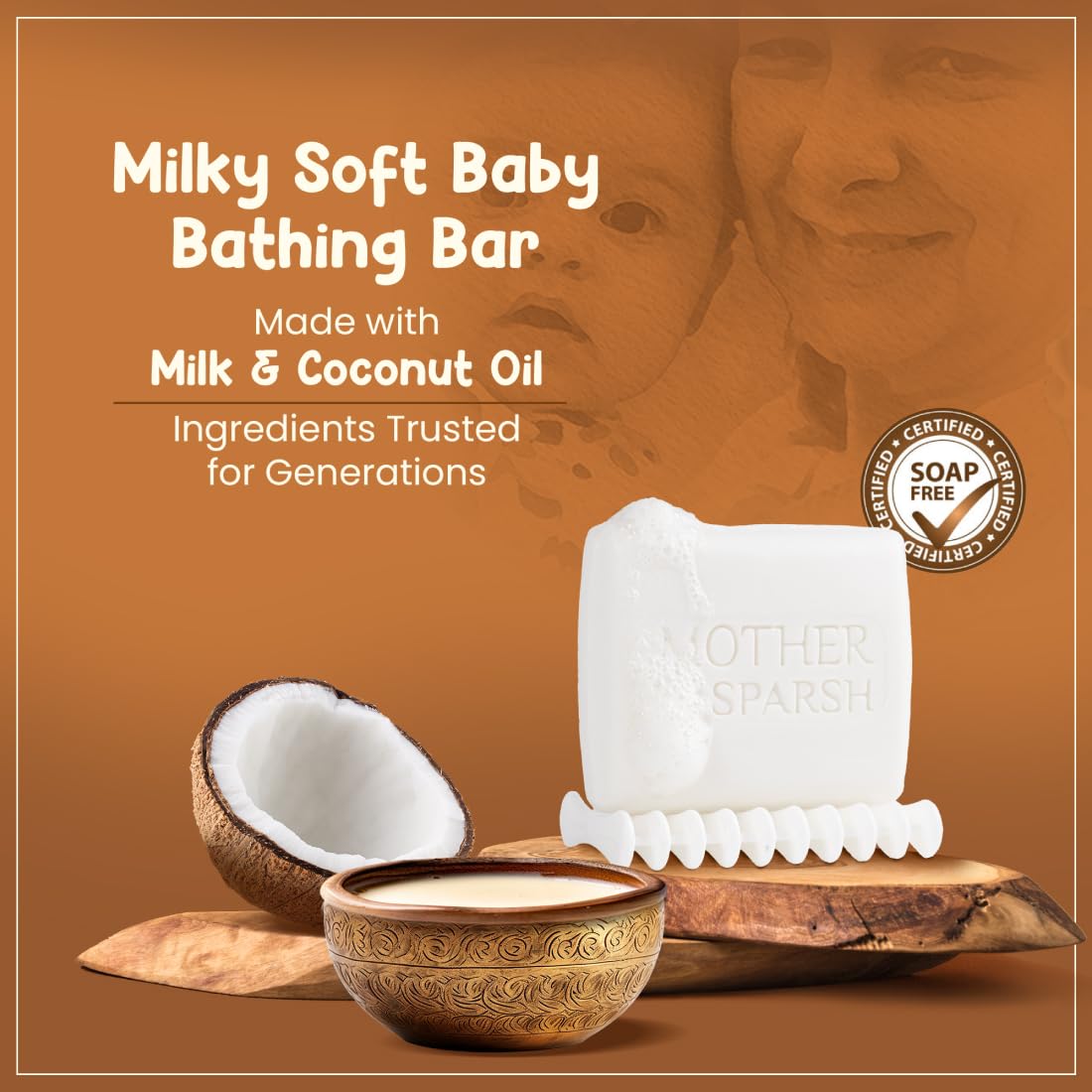Mother Sparsh Moisturizing Milky Baby Bathing Soap Bar - 75g X 3 | pH 5.5 with Milk, Coconut Oil and Vitamin E, Prevents Dryness & Rashes