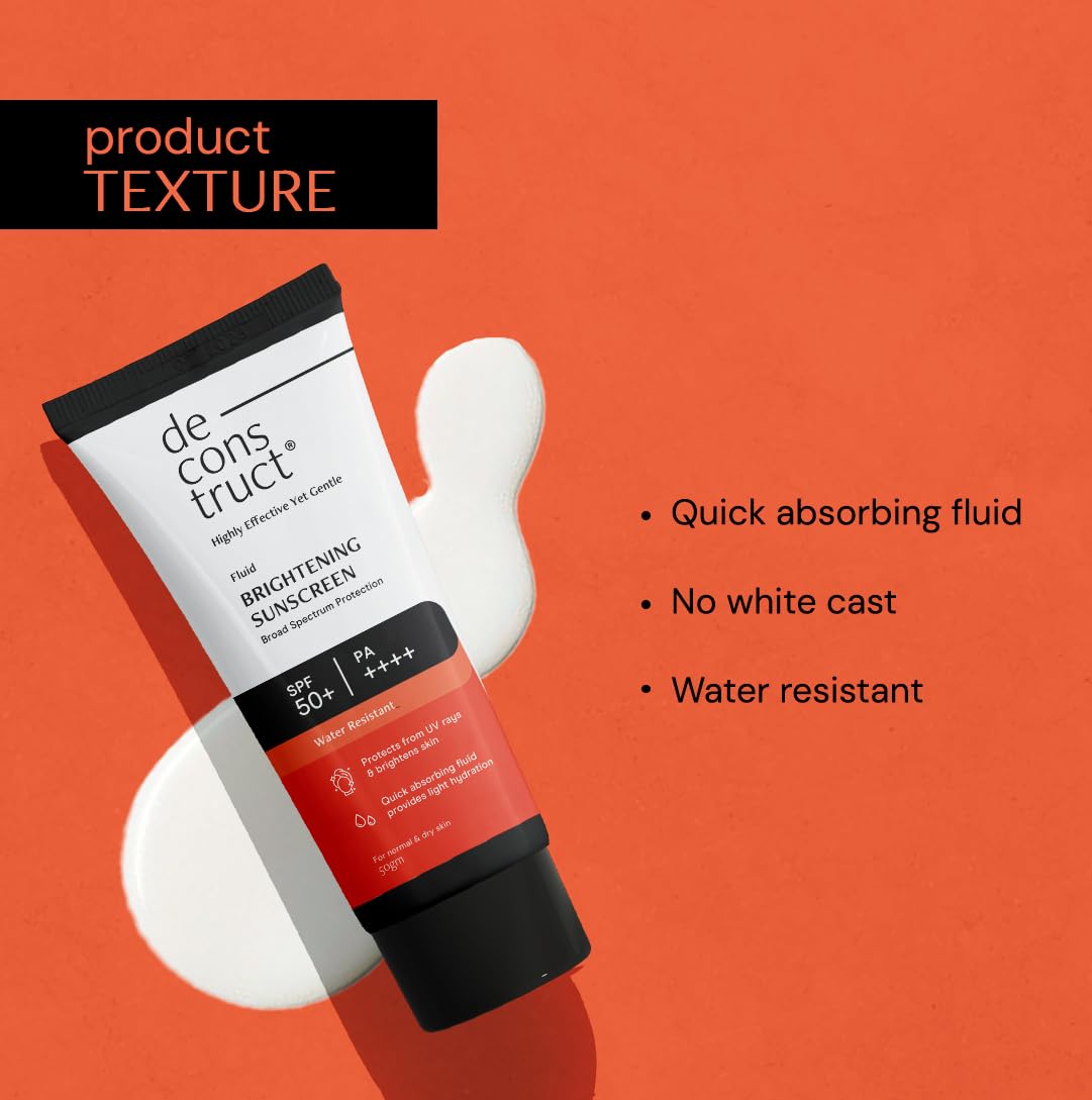 Deconstruct Brightening Sunscreen for Dry Skin with SPF 50+ | 8 hours Long Lasting Dewy Sunscreen | Water Resistant, No White Cast, Quick Absorbing | For Women and Men | 50gm