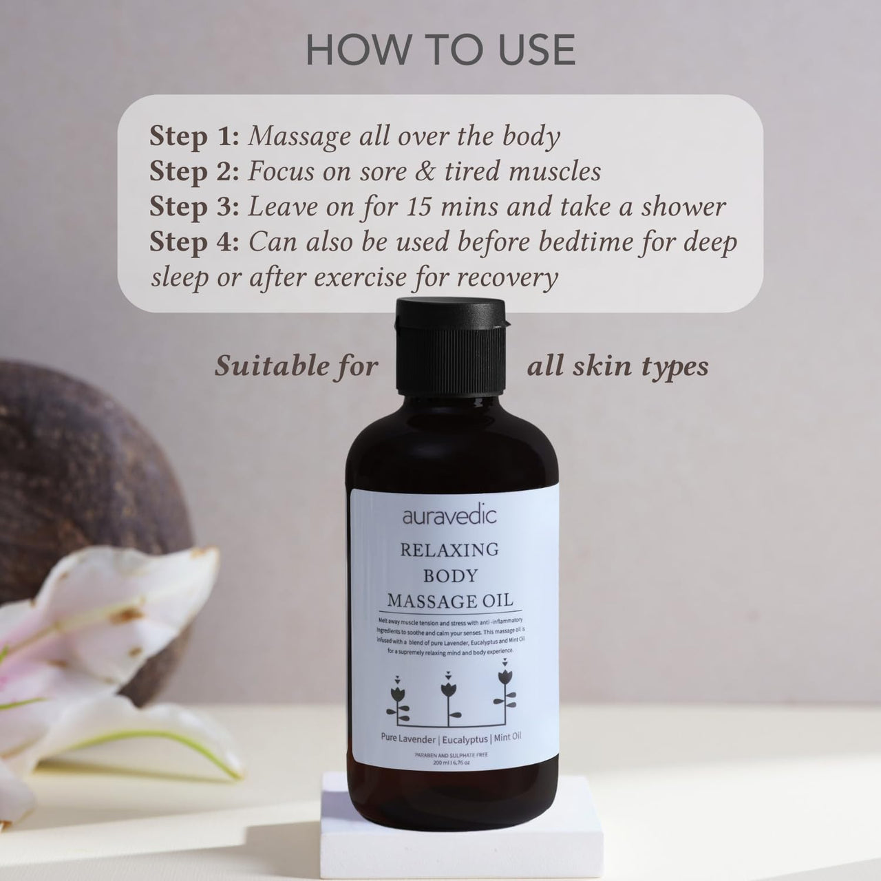 Auravedic Relaxing Body Massage Oil For Full Body Massager For Pain Relief Calming Moisturizer For Dry Skin Face 200 Ml Lavender Eucalyptus Mint Body Oil After Bath For Daily Use