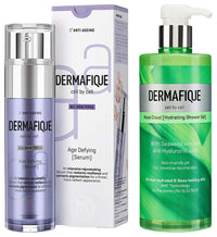 Dermafique Aqua Cloud Hydrating Shower Gel – 500ml Body Wash with Seaweed Extracts Hyaluronic Acid Suitable for Sensitive Normal Skin Age Defying Face Serum with Vitamin E – 50g