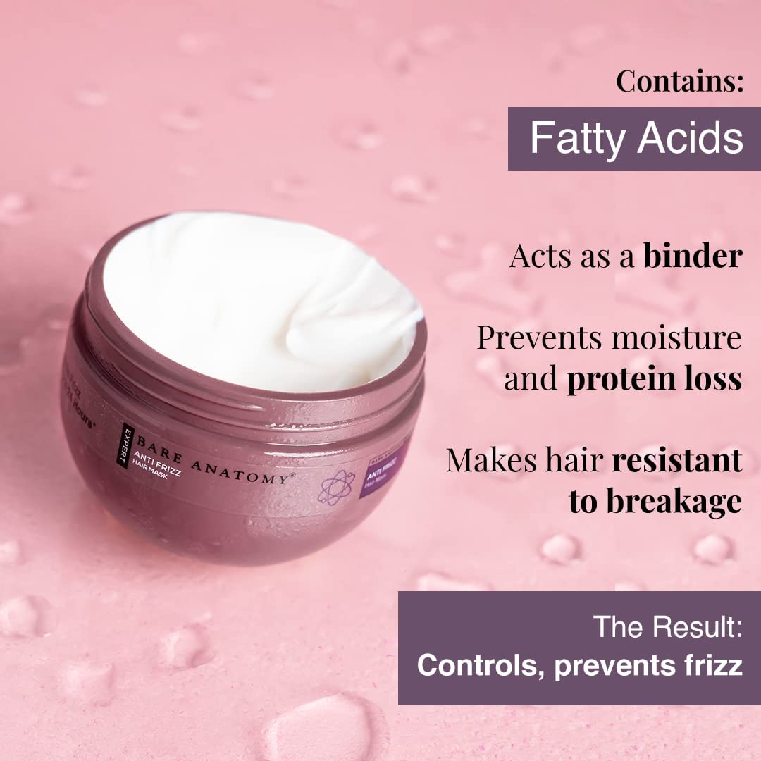 Bare Anatomy Anti Frizz Hair Mask | Frizz Control Upto 24 hours | Powered By Hyaluronic Acid & Fatty Acids | For Deep Conditioned & Frizz Free Hair | Sulphate & Paraben Free | Women & Men | 250g