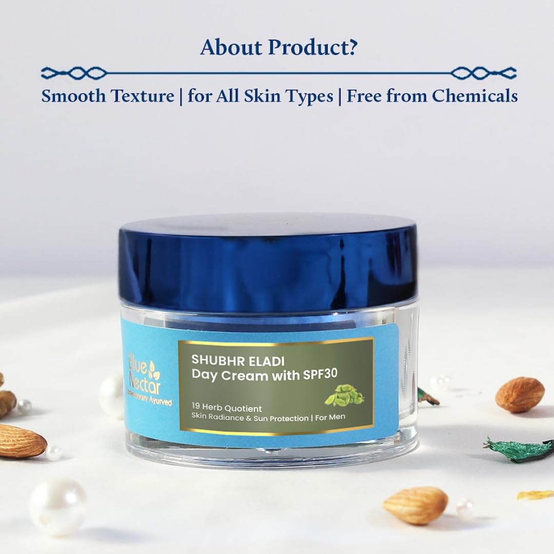 Blue Nectar Brightening Day Cream for Men Daily Use with SPF 30 Sunscreen for Oily Skin Dry Skin Natural Skin Brightening Cream with Eladi (19 Herbs, 50g)