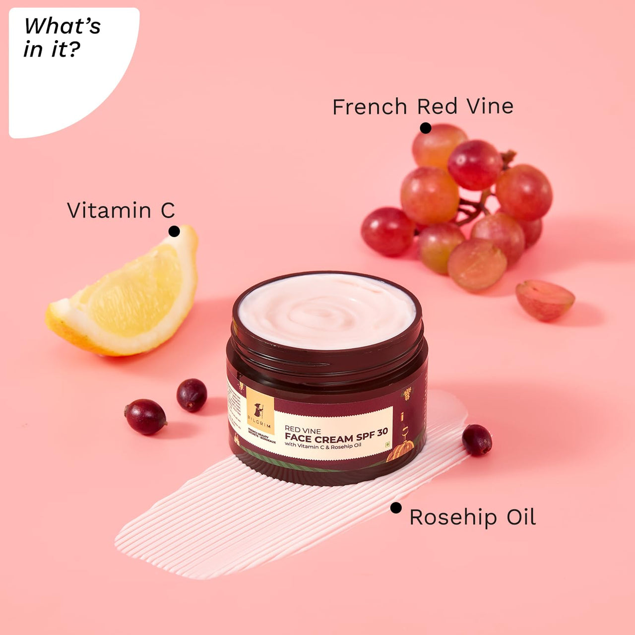 Pilgrim French Red Vine Face Cream with SPF 30 Sunscreen, Rosehip Oil & Vit C For Anti Ageing, Sun Protection PA+++, Daily Use, Dry, Oily, Combination Skin, Men & Women, 50g