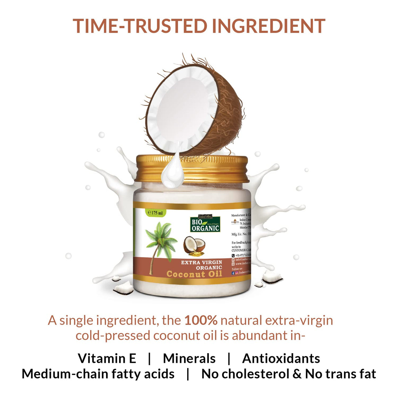 INDUS VALLEY Bio Organic Extra Virgin Organic Coconut Oil - Set Of 3 With The Natural Aroma Of Coconut Oil For Hair & Skin Care (175x3=525ml)