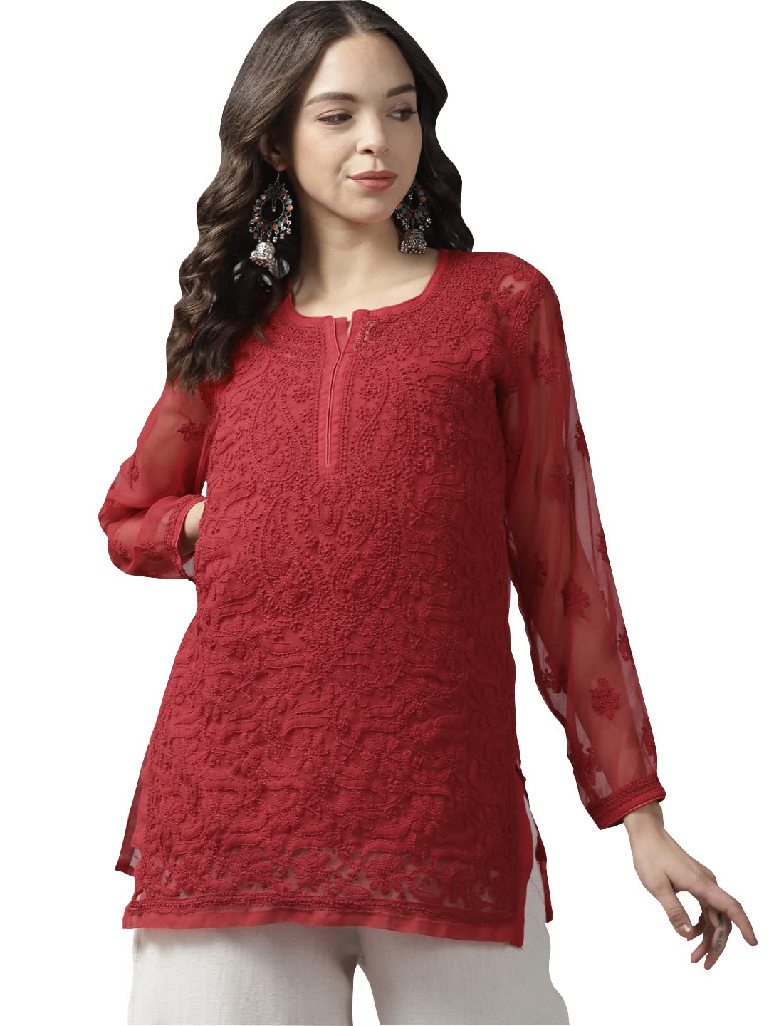 Ada Women's  Hand Embroidered Lucknowi Chikankari Georgette Short Top Kurti with Slip