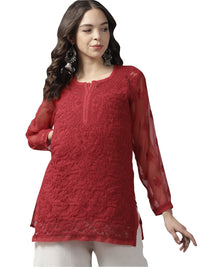 Ada Women's  Hand Embroidered Lucknowi Chikankari Georgette Short Top Kurti with Slip