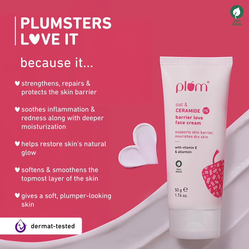 Plum Oat & 1% Ceramide Barrier Love Face Cream | Repairs, Strengthens & Maintains Skin Barrier | Moisturizer with Vitamin E & Allantoin | For Normal, Dry Skin | Women & Men | 50 g