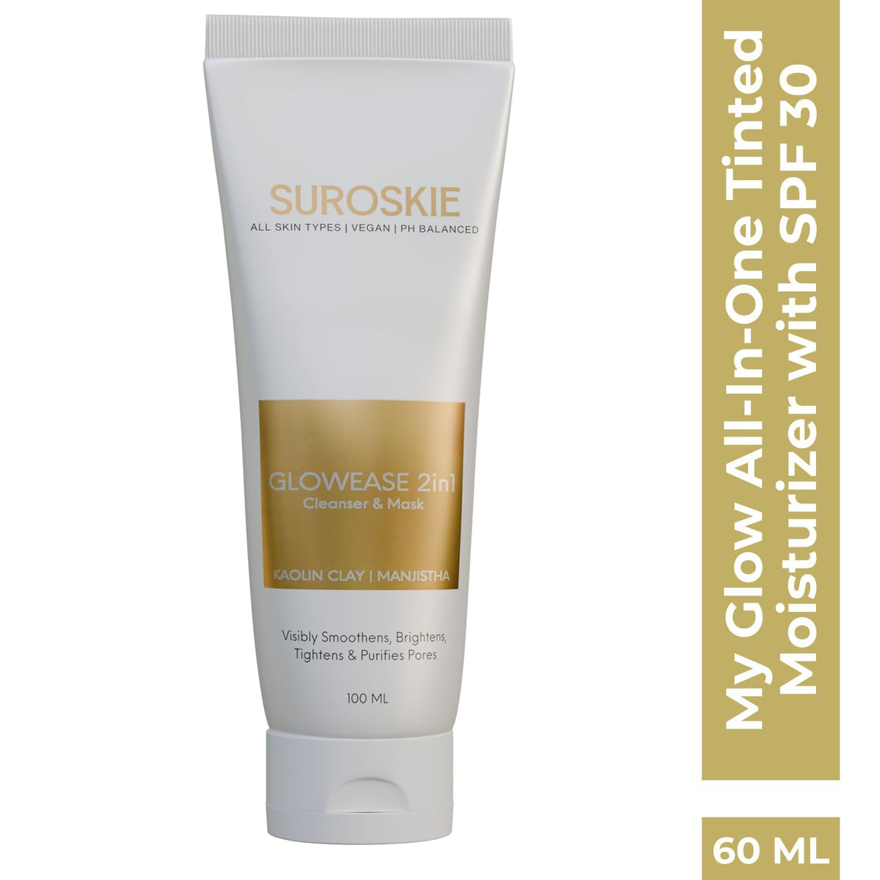 Suroskie Glowease 2-In-1 Cleanser & Mask 100 Ml | Aloe Vera & Kaolin Clay | Deep Cleansing Face Wash For Hydrated, Glowing & Brighten Skin | Korean Skincare Product For Sagging & Dullness Men & Women