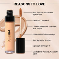 FLiCKA Cover Story Liquid Light Weight Translucent Concealer With Full Coverage For Women| Contains SPF, Argan & Avacado Oil| Concealer For Face Makeup, 01 Ivory, 9.ml