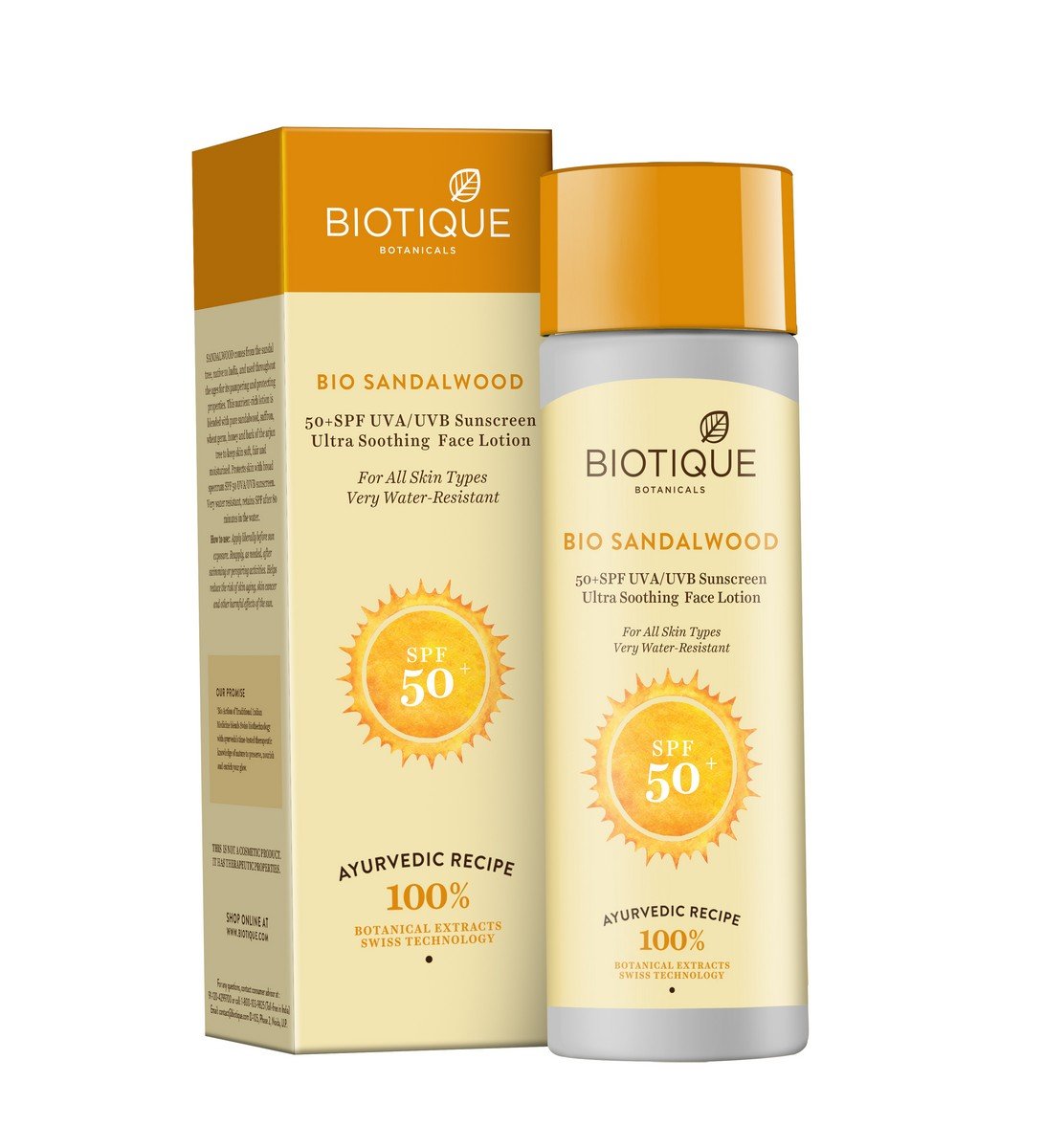 Biotique Bio Fruit Whitening Lip Balm, 12g And Biotique Bio Sandalwood 50+ SPF UVA/UVB Sunscreen Ultra Soothing Face Lotion, 120 ml