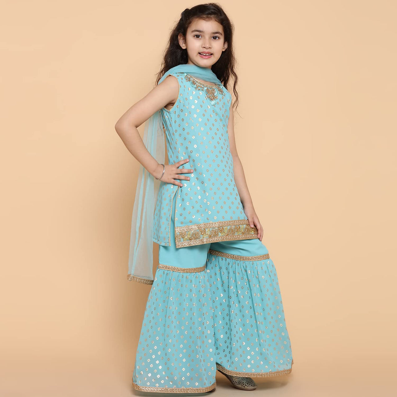 AJ DEZINES Kids Foil Print Sleeveless Kurta and Sharara Set For Girls 6 Years-7 Years