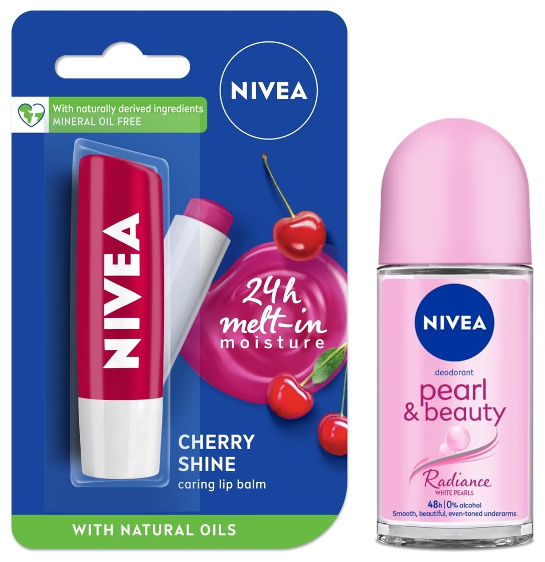 Nivea Women Deodorant Roll On, Pearl & Beauty Radiance For Eventoned Smooth & Beautiful Underarms, 50ml&NIVEA Lip Balm, Glossy Finish - Fruity Cherry Shine, 4.8g