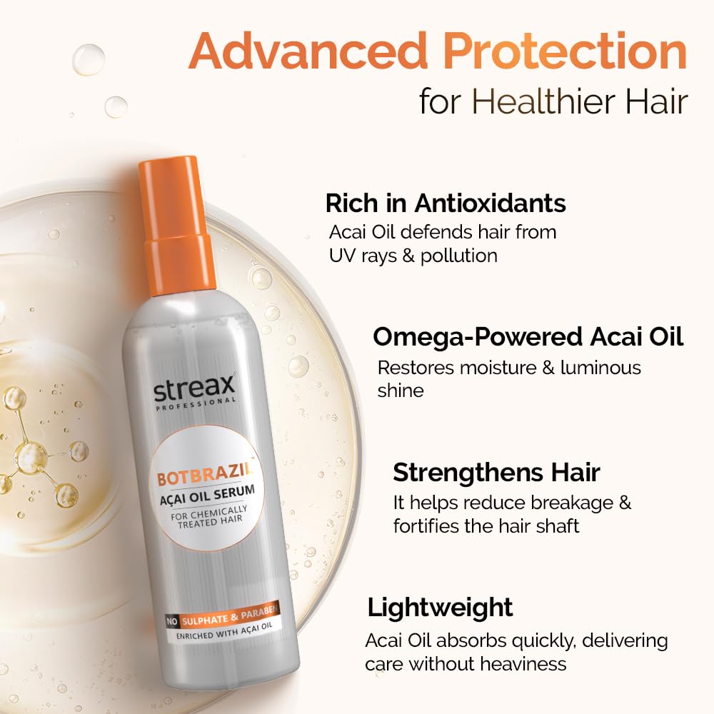 Streax Professional BotBrazil Acai Oil Serum,100ml for Chemically Treated Hair- Keratin, Botox, Nanoplasty, & Smoothening which helps to control frizzy hair, dry hair |Hair serum for Women & Men
