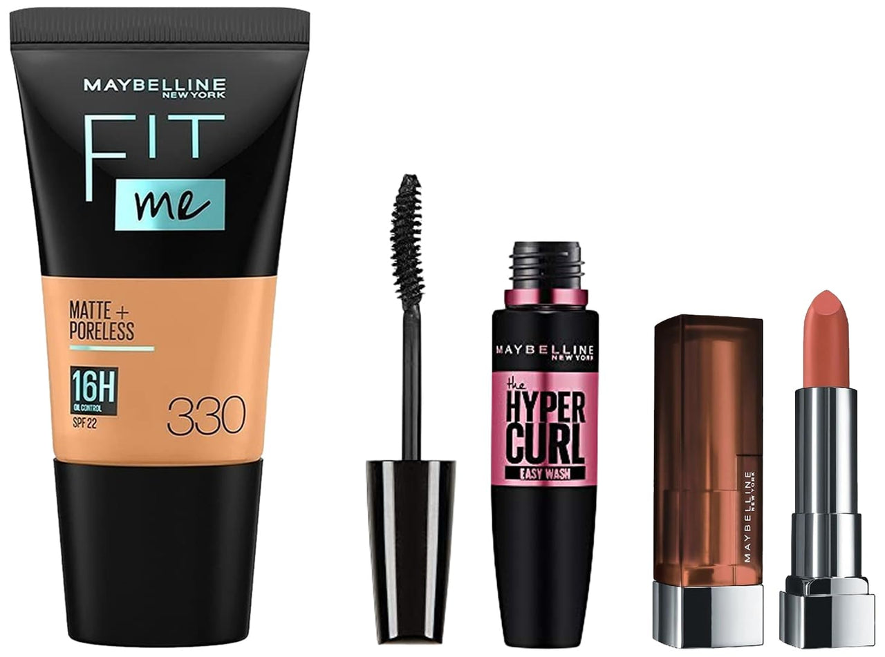 Maybelline New York Prom Queen Makeup Kit - Fit Me Foundation Tube Toffee + Hypercurl Mascara Washable + Creamy Matte Nude Nuance