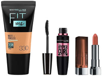 Maybelline New York Prom Queen Makeup Kit - Fit Me Foundation Tube Toffee + Hypercurl Mascara Washable + Creamy Matte Nude Nuance