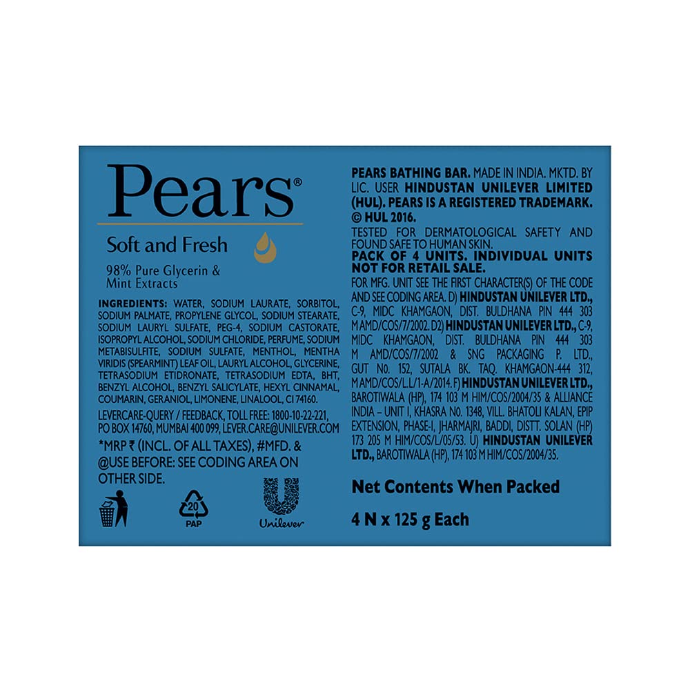 Pears Pure & Gentle Moisturising Bathing Bar Soap with Glycerine For Golden Glow 125g (Pack of 5) & Pears Soft & Fresh Bathing Bar with 98% Pure Glycerine & Mint Extracts - For Fresh Glow (125g x 4)