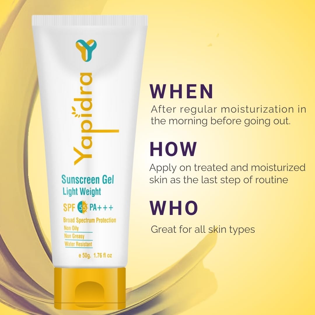 Yapidra Sunscreen Gel SPF 55 PA+++ | Lightweight, Non-Oily & Non-Greasy | Moisturizing, Non-White Casting, Water-Resistant | Broad Spectrum UV Protection | For All Skin Types | 50g