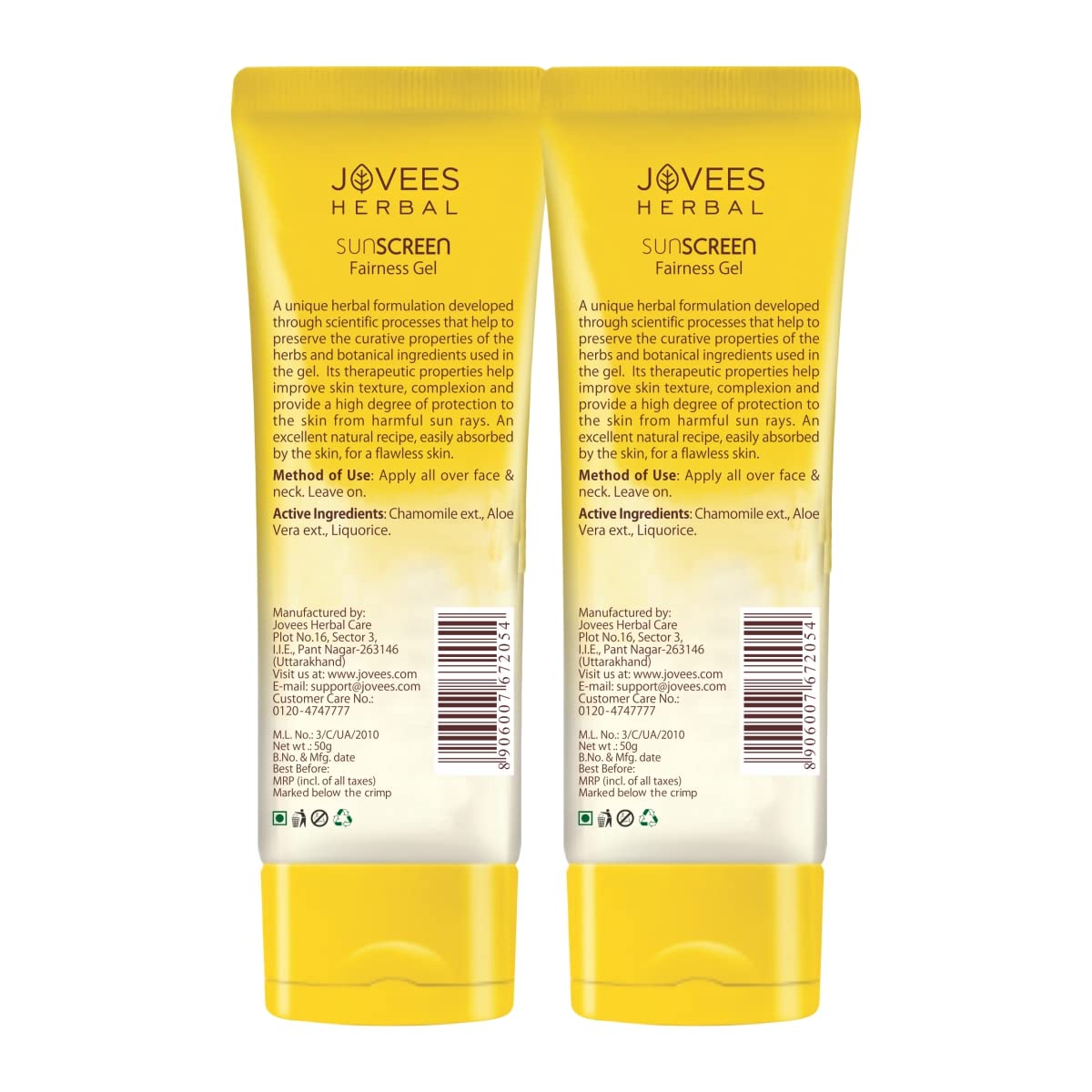 Jovees Herbal Sunscreen Fairness Gel SPF 25 For Tanning & Sun Damage | Oily, Sensitive, Dry Skin | Sunscreen For protect Your Skin with Lightweight & No White Cast Formula | Women/Men 50g (Pack of 2)