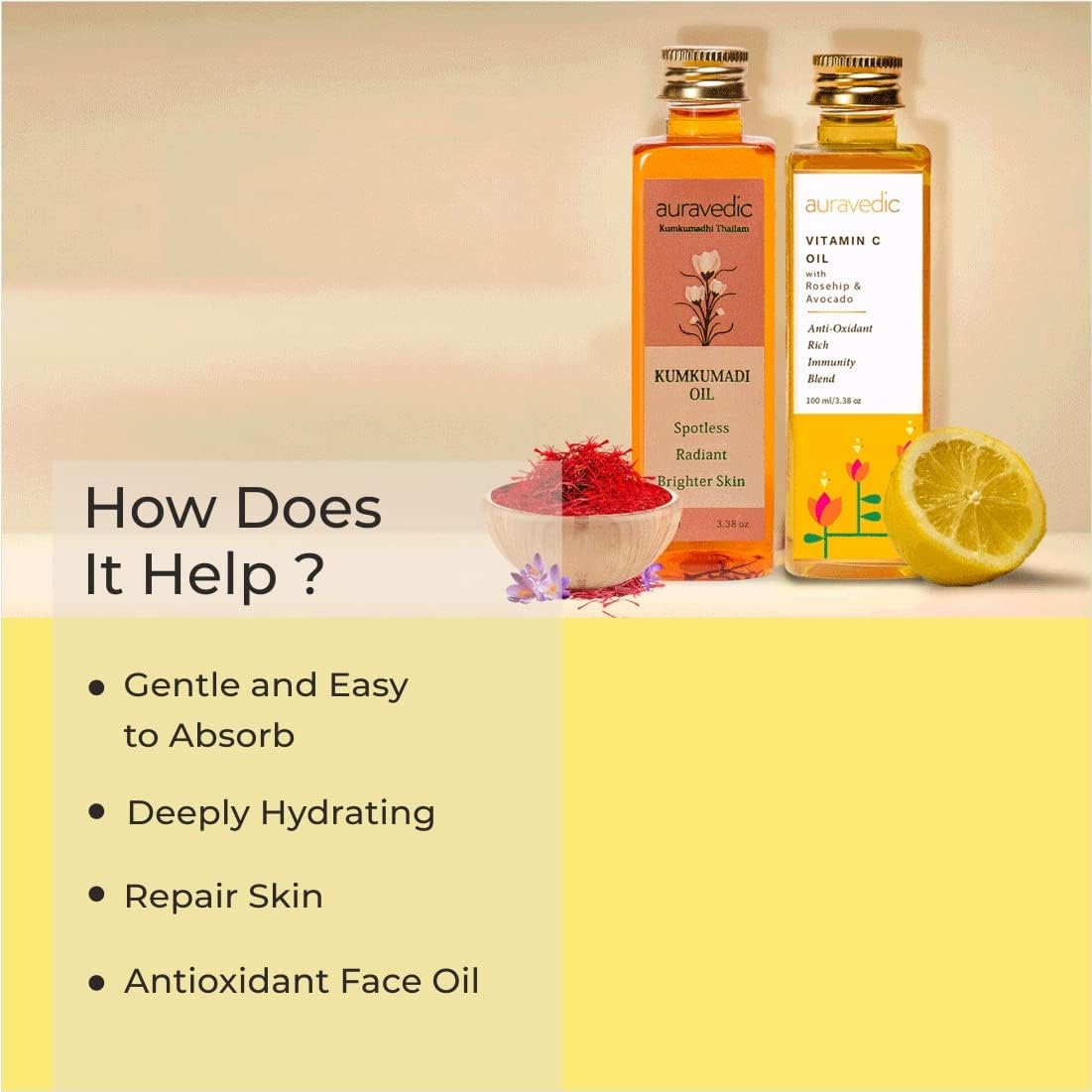 Auravedic Kumkumadi tailam for face Kumkumadi face oil for glowing skin and Vitamin C oil face serum with Rosehip oil 100 ml pack of 2 Vitamin C serum Kumkumadi oil body oil after bath for daily use