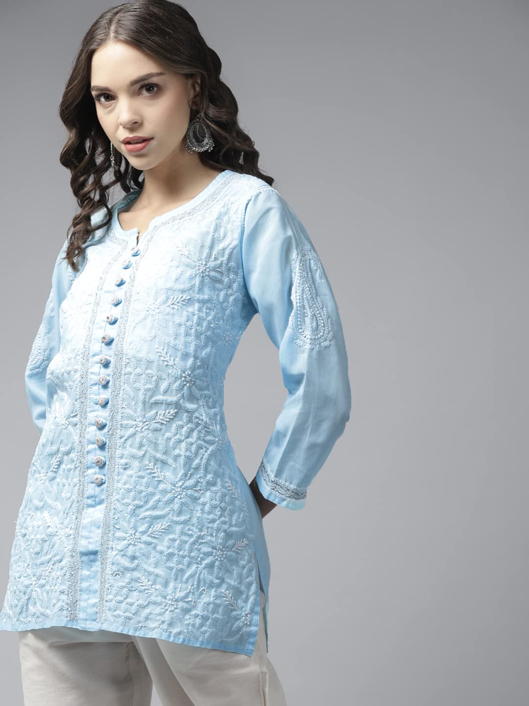 Ada Women's  Hand Embroidered Lucknowi Chikankari Cotton Straight Short Top Kurti A178625