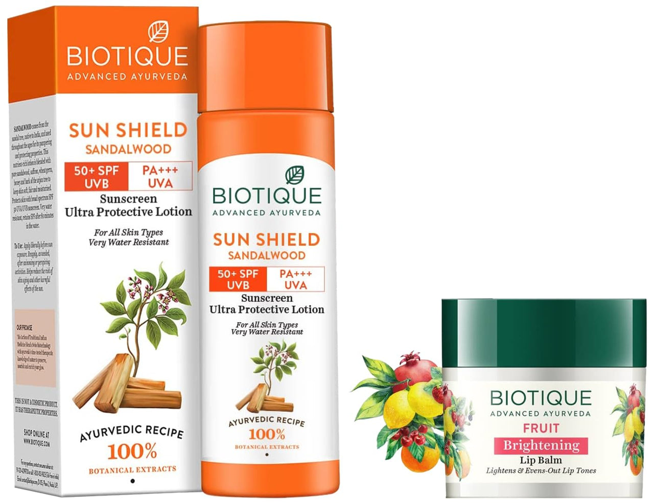 Biotique Bio Fruit Whitening Lip Balm, 12g And Biotique Bio Sandalwood 50+ SPF UVA/UVB Sunscreen Ultra Soothing Face Lotion, 120 ml