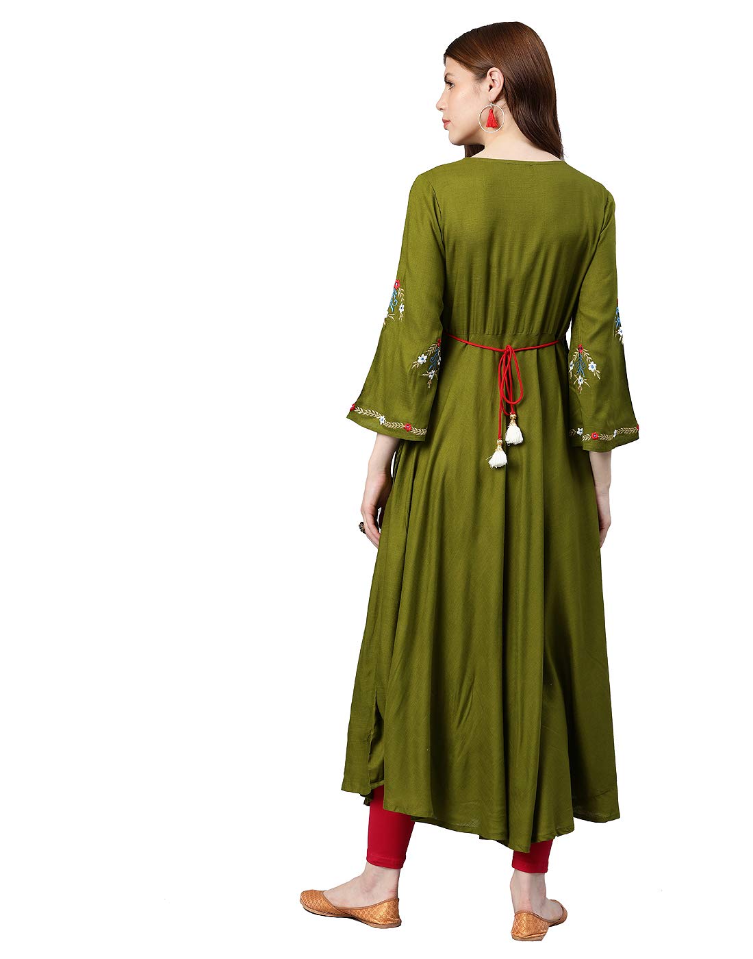 Yash Gallery Women's  Rayon Buta Embroidered Anarkali Kurta (Olive Green)