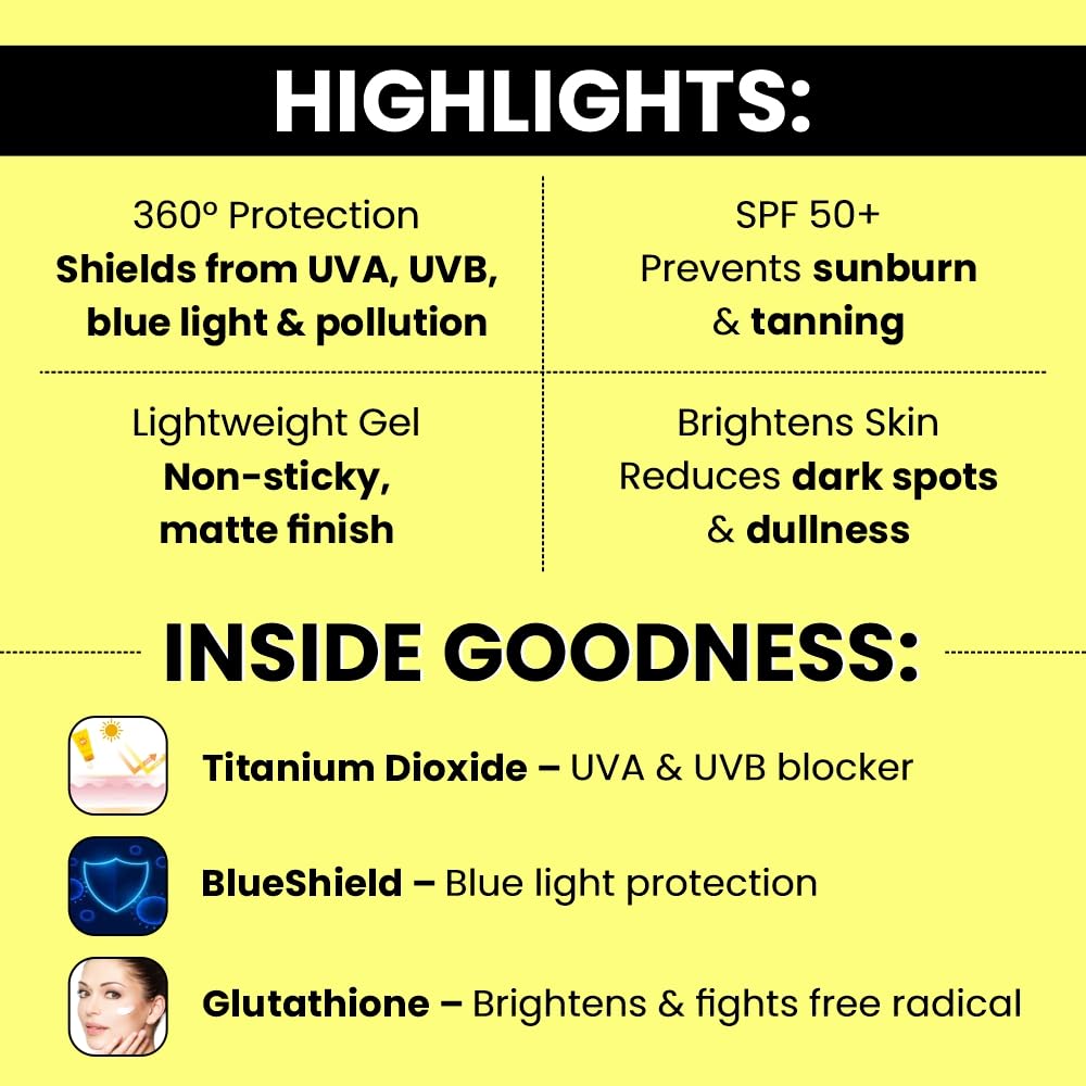 360 Block Sunscreen Gel SPF 50+ - protects from UVA, UVB, INFRA-RED RADIATION (IR), BLUE LIGHT & ATMOSPHERIC POLLUTANTS